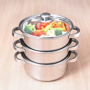 Tri-Steel Multi Purpose Stainless Steel Steamer Tri-Ply Bottom 3 Tier